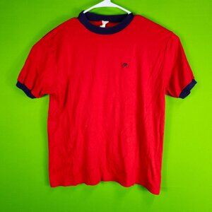 Vintage Red Ringer T-Shirt With Embroidered Bicycle Design Navy Accents Size L